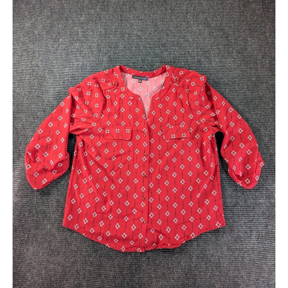 Adrienne Vittadini Top Womens XL Red Geometric Motifs Roll Tab Sleeve Snap Front